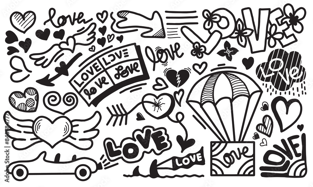 Obraz premium Vector set of hand-drawn Wedding elements. Set of Ornamental Wedding Style Elements. Arrows, heart, text, flag and other