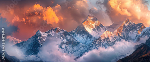 the Himalayas, mountains with snow and clouds, golden hour