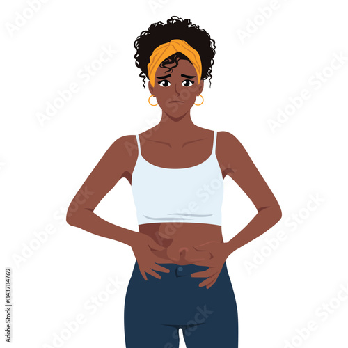 Young sports woman squeezes belly fat on her stomach. Woman worries that she is getting fat. Flat vector illustration isolated on white background