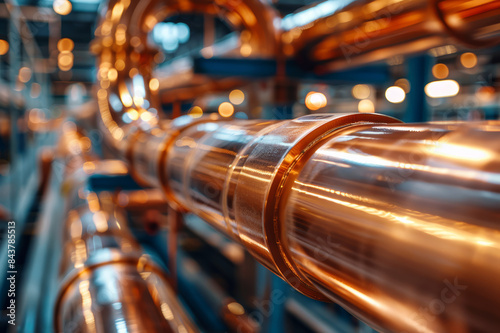 Close-up view of shiny copper pipes and tubing showcasing their texture and details, with a blurred background of a busy workshop.. AI generated.