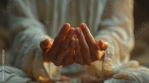 A close-up of a personâ€™s hands in a prayer or meditation pose, with soft lighting highlighting the peacefulness and serenity of the moment. Clipart illustration style, clean, Minimal, photo