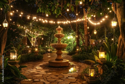 Magical Evening Garden with Illuminated String Lights, Lanterns, and Glowing Fountain for Relaxing Ambiance