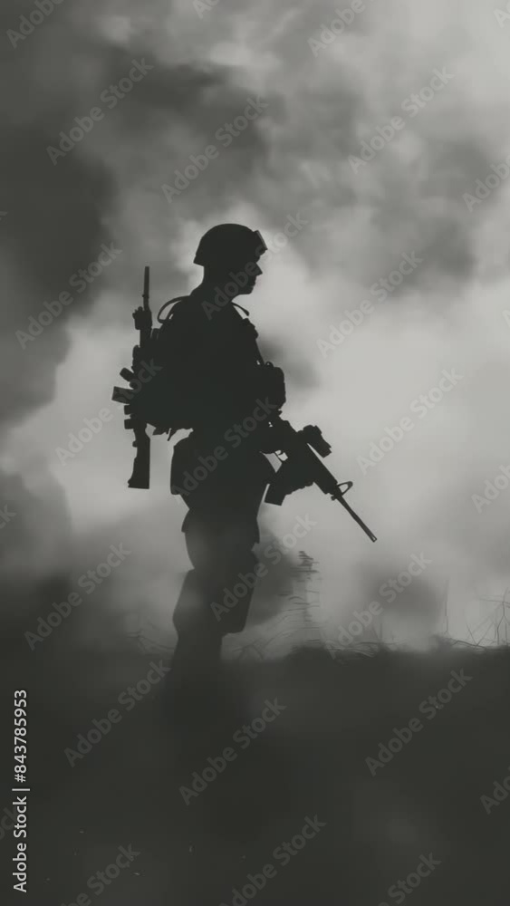 Soldier stands in middle of field with rifle in his hand Soldier stands in middle of field with rifle in his hand