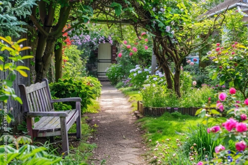 beautiful green garden park with wooden bench, plants and flowers in bloom in spring summer beautiful green garden park with wooden bench, plants and flowers in bloom in spring summer