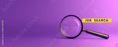 magnifying glass with search bar and people icons on purple background, job searching concept "JOB SEARCH"