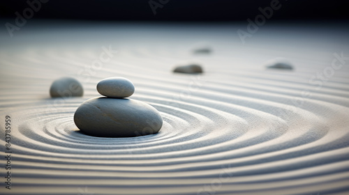 Minimalist Japanese zen garden made of rocks & stones resting on white sand raked into concentric circles reminiscent of ripples in water. The focus is on two smooth pebbles, one on top of the other.