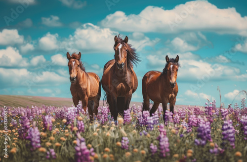 hree wild horses and their foals in the background of a blue sky, surrounded by blooming purple flowers