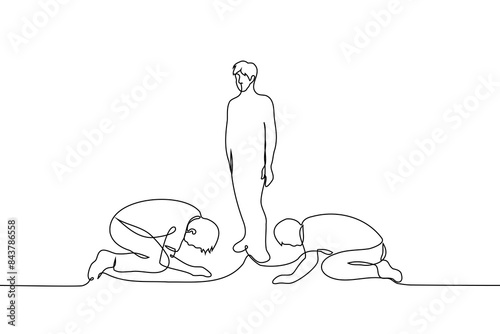 men knelt in a low bow with their heads to the floor in front of the man standing in the center - one line art vector. male crush concept, influencer, alpha and beta men, sectarianism, hierarchy