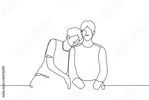 man lowered his head on the shoulder of a man sitting next to him - one line art vector. support concept, gay couple, brothers, friends