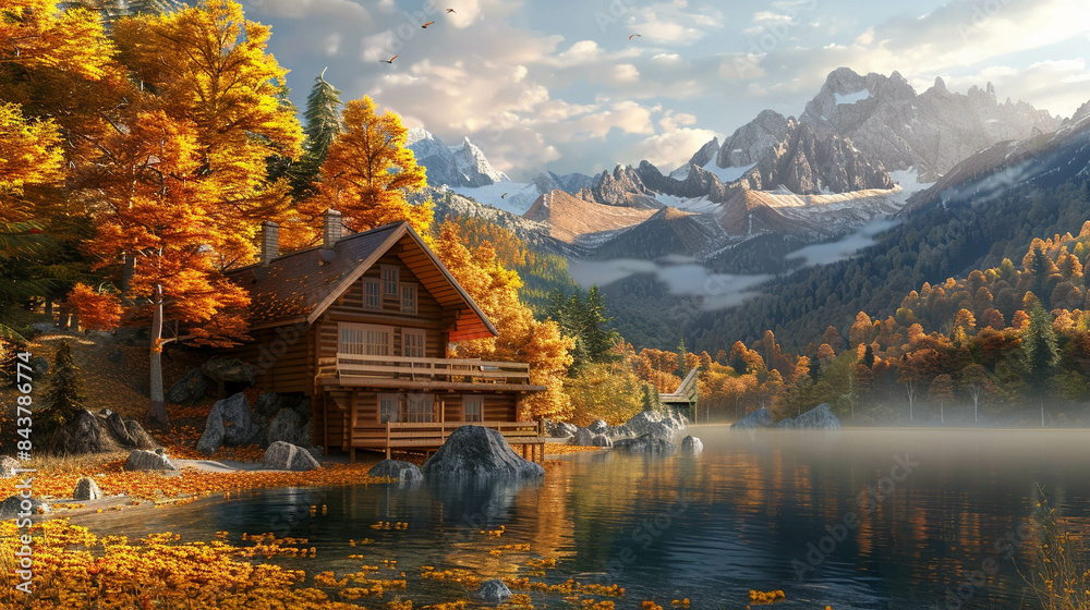 Fototapeta premium Beautiful chalet surrounded by beautiful nature with a fall landscape