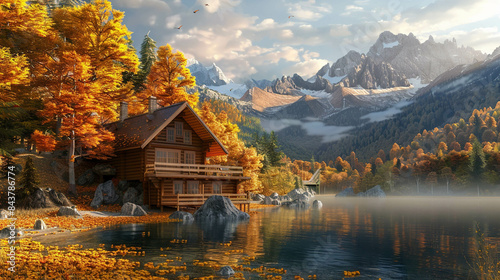 Beautiful chalet surrounded by beautiful nature with a fall landscape photo