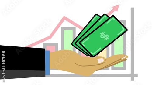 Dollar money floating on hand animation with growth bar graph background 