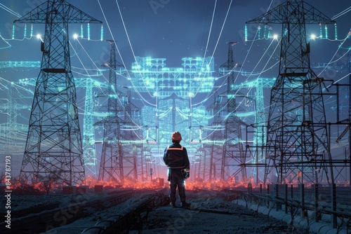 A lone maintenance engineer stands amidst towering power lines, inspecting the futuristic grid.