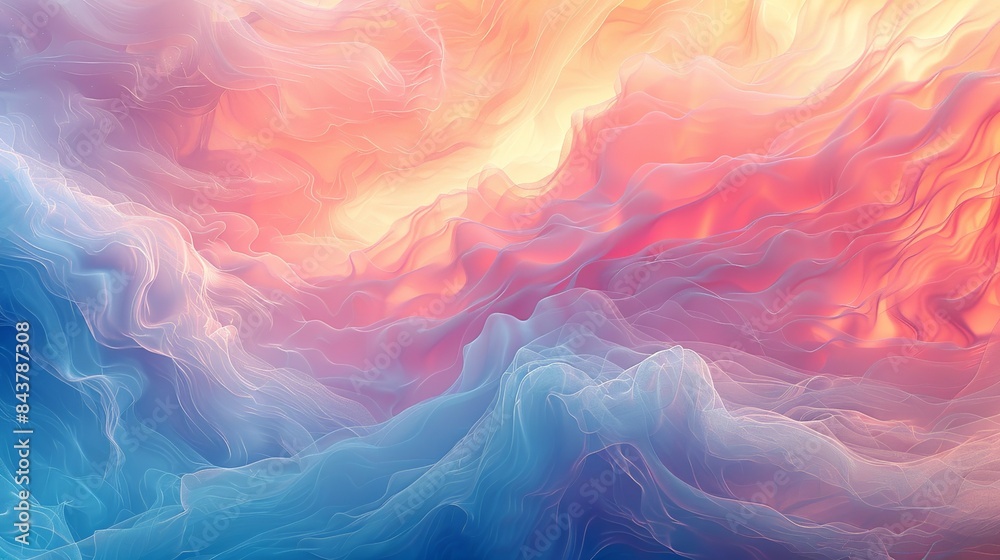 Fototapeta premium An abstract digital painting with swirling pastel colors and gentle waves, representing the calm and contentment felt during moments of deep happiness. Clipart illustration style, clean, Minimal,
