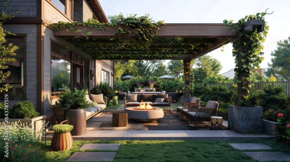 Contemporary Garden Patio with Pergola, Fire Pit, and Elegant Outdoor Furniture for Relaxed Gatherings Contemporary Garden Patio with Pergola, Fire Pit, and Elegant Outdoor Furniture for Relaxed Gatherings