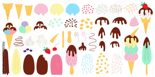 Ice cream constructor vector  flat style. Ice cream flat style creator set. Different flavors, waffle cones, toppings, chocolate, sprinkles and fruits