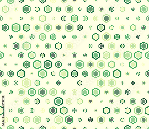 Minimal geometric background. Multicolored geometric elements of varied size. Bold rounded hexagon cells with padding and inner solid cells. Hexagon cells. Tileable pattern.