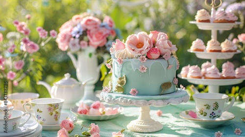 Wallpaper Mural Elegant Floral Tea Party Cake Decoration in a Pastel Garden Setting for Party Invitations and Posters Torontodigital.ca