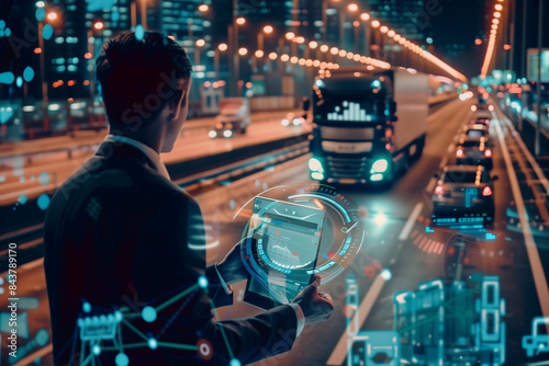 The photo, which combines the image of a businessman engaged with a futuristic interface and a truck on a highway, epitomizes the convergence of digital innovation and transportati photo