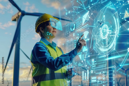 A maintenance engineer uses virtual reality technology to inspect wind turbines at a wind farm.