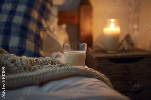 Dreamy Bedtime Scene with Warm Milk on Nightstand in Cozy Bedroom Setting