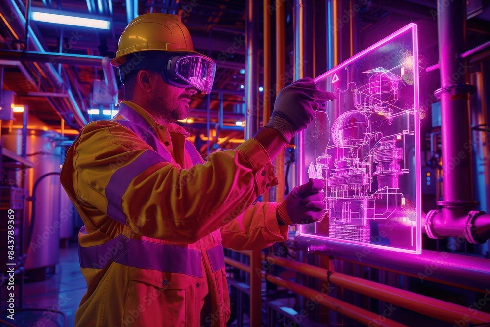 A maintenance engineer wearing safety goggles and a hardhat examines a holographic projection of a machine within a futuristic industrial setting. A maintenance engineer wearing safety goggles and a hardhat examines a holographic projection of a machine within a futuristic industrial setting.