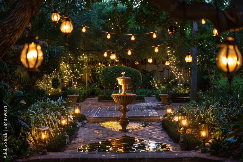 Romantic Garden Scene at Night with Elegant Lighting, Lanterns, Pathway Lights and Glowing Water Fountain Romantic Garden Scene at Night with Elegant Lighting, Lanterns, Pathway Lights and Glowing Water Fountain