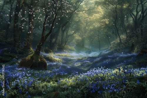 Dreamy Forest Glade with Bluebells in Bloom Under Tall Trees in Soft  Dappled Light