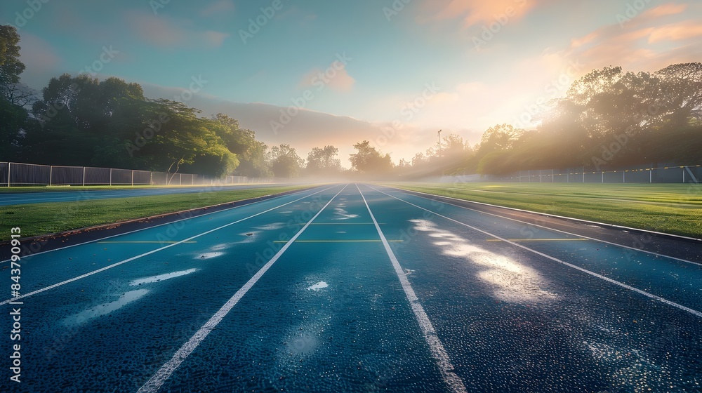 Naklejka premium Empty Running Track Glowing in the Morning Light at Sunrise