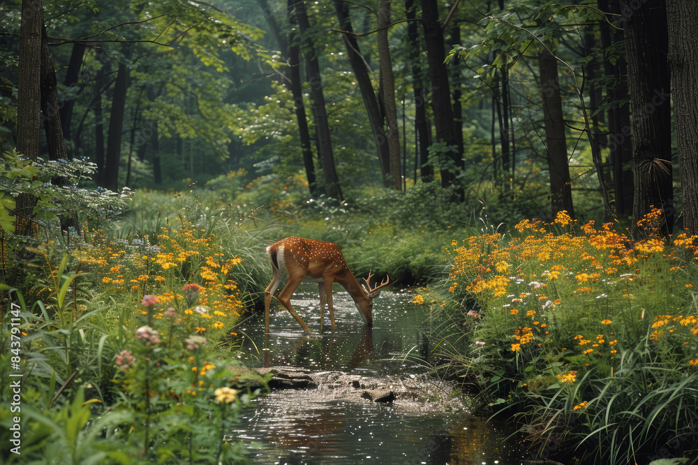Fototapeta premium A serene woodland scene with a deer drinking from a sparkling stream surrounded by tall, dense trees and a variety of colorful wildflowers.. AI generated.