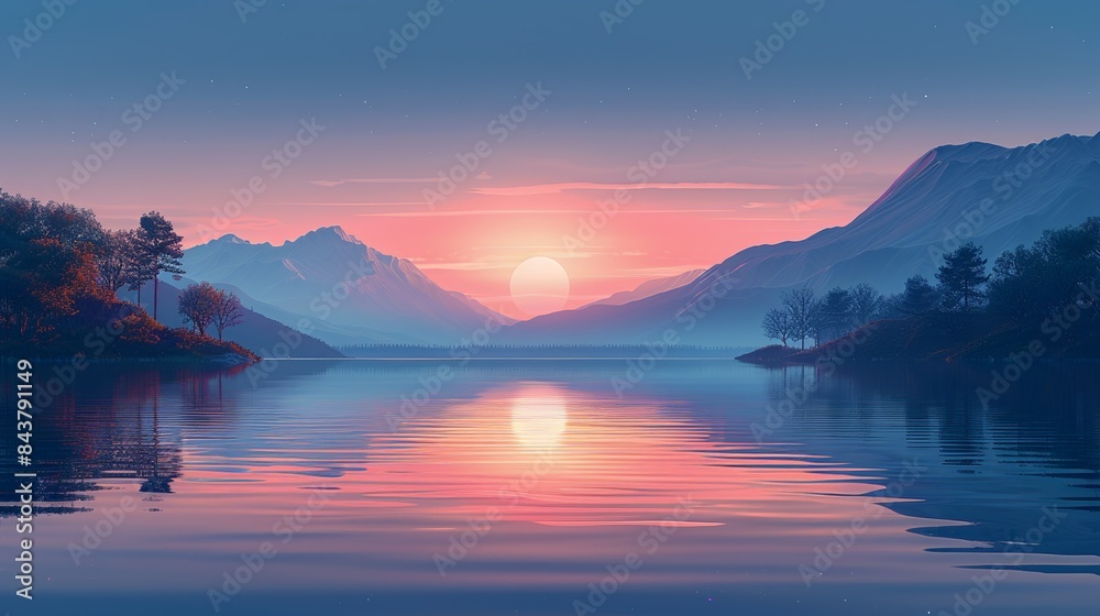 A serene lakeside scene at twilight, with the water reflecting the colors of the setting sun, evoking feelings of peace and contentment. Clipart illustration style, clean, Minimal,