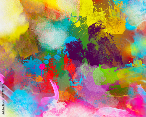 A picture with an artistic focus of street art with bright colors and brushes