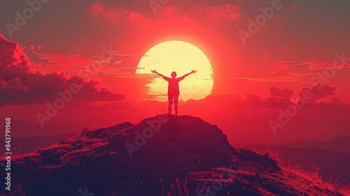 A silhouette of a person standing on a hilltop with arms outstretched towards the sky at dawn, embracing the new day with joy and peace. Clipart illustration style, clean, Minimal,