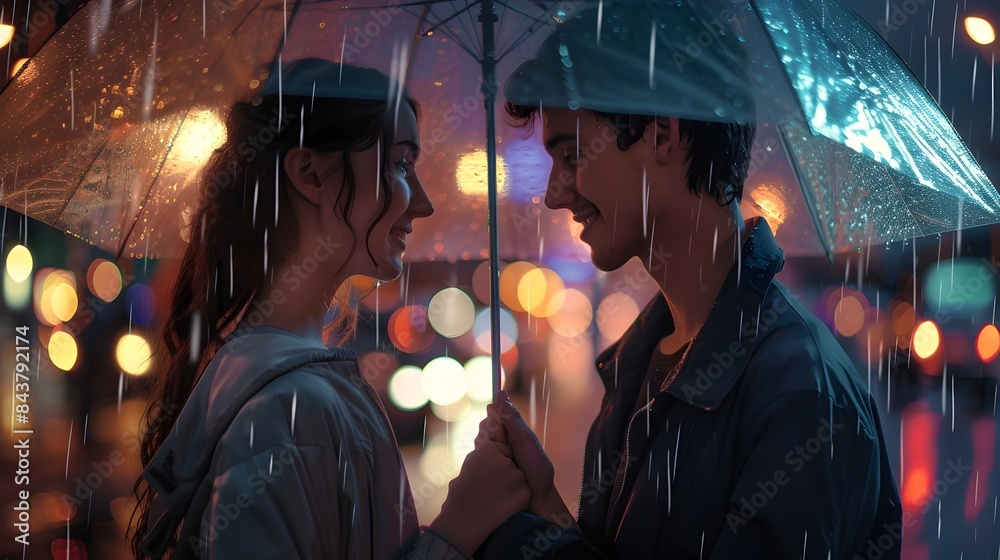 Naklejka premium Couple Sharing Tender Moment Under Umbrella in Rainy City Atmosphere