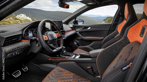 Hot hatch interior with sporty accents and performance seats 