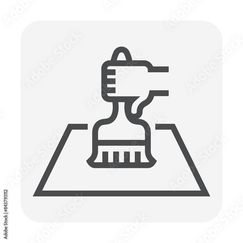 Floor paint vector icon consist of worker, paint brush tool to apply liquid on surface floor for primer, waterproof, epoxy and color for repair, improve, sealer and protection. Editable stroke.
