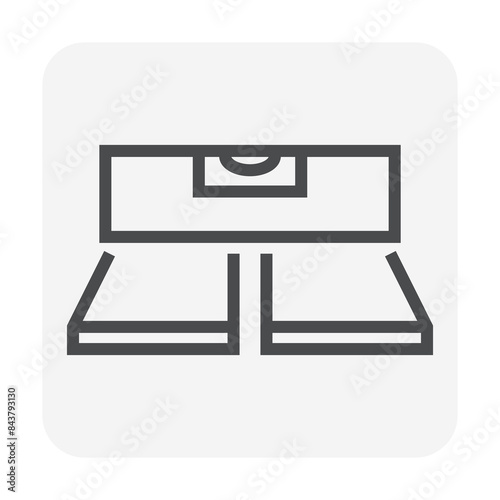 Tile floor construction vector icon. Include spirit level tool to install, laying and measure balance for interior home building i.e. bathroom, shower room by worker, tiler or builder. Editable stroke
