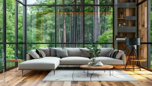 Living room with large window overlooking forest