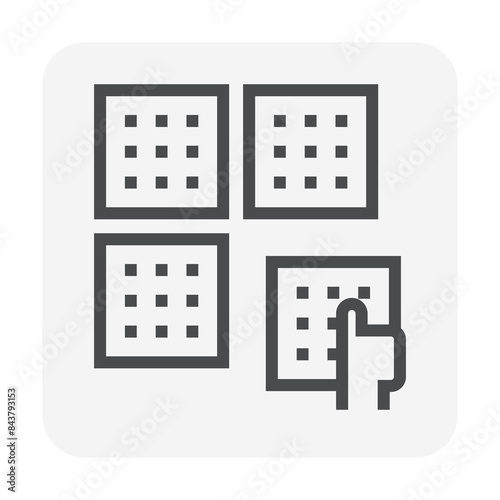 Tile floor renovation, construction work vector icon. Consist of hand tiller worker and ceramic tile. To install or laying by using adhesive glue, cement mortar for interior bathroom, laundry room. Ed