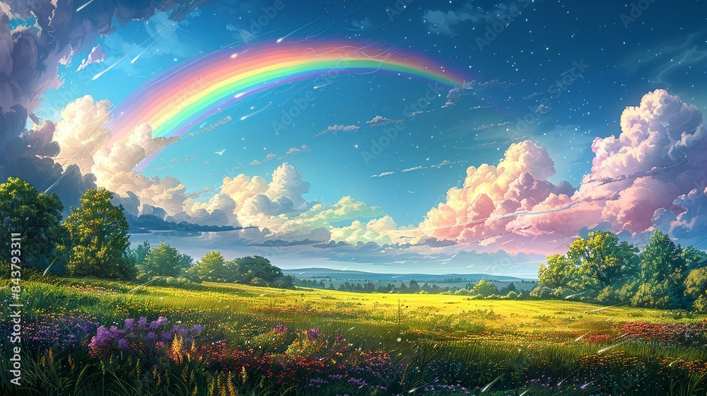 A vibrant rainbow arcing over a lush, green valley, symbolizing hope, happiness, and the beauty found in moments of peace. Clipart illustration style, clean, Minimal, A vibrant rainbow arcing over a lush, green valley, symbolizing hope, happiness, and the beauty found in moments of peace. Clipart illustration style, clean, Minimal,