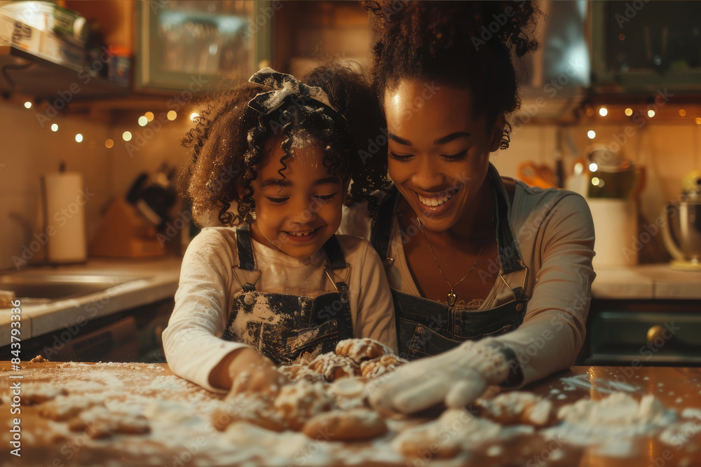 A mother and daughter baking cookies together in a cozy kitchen, with flour on their faces and a sense of joy and closeness filling the room.. AI generated. A mother and daughter baking cookies together in a cozy kitchen, with flour on their faces and a sense of joy and closeness filling the room.. AI generated.