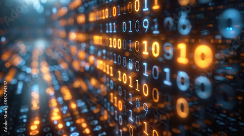 A computer screen with many numbers of different colors and sizes, binary code. Data image of patterns of ones and zeros illuminated in yellow and blue color.