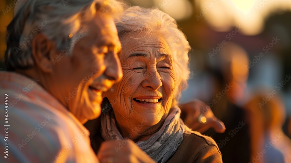 An elderly couple smiling and dancing at sunset, with a closeup of their happy faces against a blurred background of people enjoying an outdoor music event An elderly couple smiling and dancing at sunset, with a closeup of their happy faces against a blurred background of people enjoying an outdoor music event