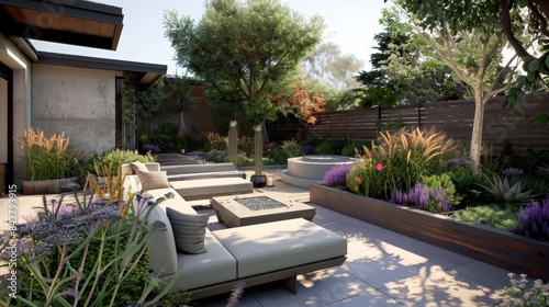 Stylish Modern Garden Patio with Sleek Furniture  Fire Pit  and Succulent Planters for Outdoor Living Spaces