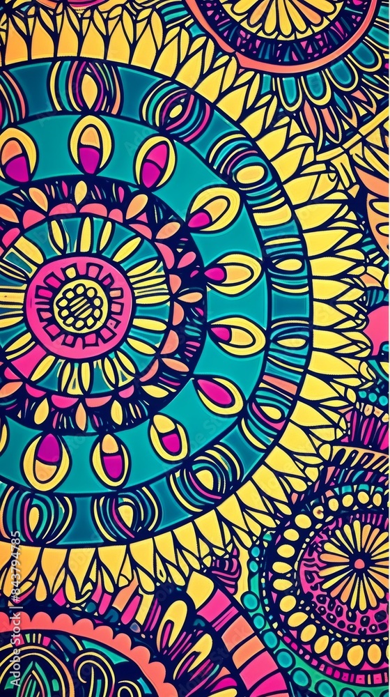 Fototapeta premium Colorful Mandala Pattern Design With Yellow, Teal, Pink and Black Colors