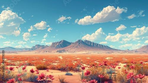A desolate desert slowly transforming into a blooming oasis, symbolizing the journey from a barren beginning to a flourishing success. Clipart illustration style, clean, Minimal,