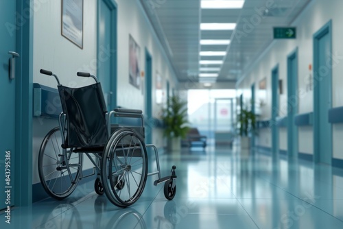 Modern Hospital Hallway with Wheelchair in Clean and Well-Lit Environment