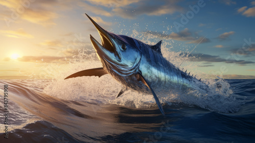 Atlantic blue marlin jumping out of the water, sea animals. photo