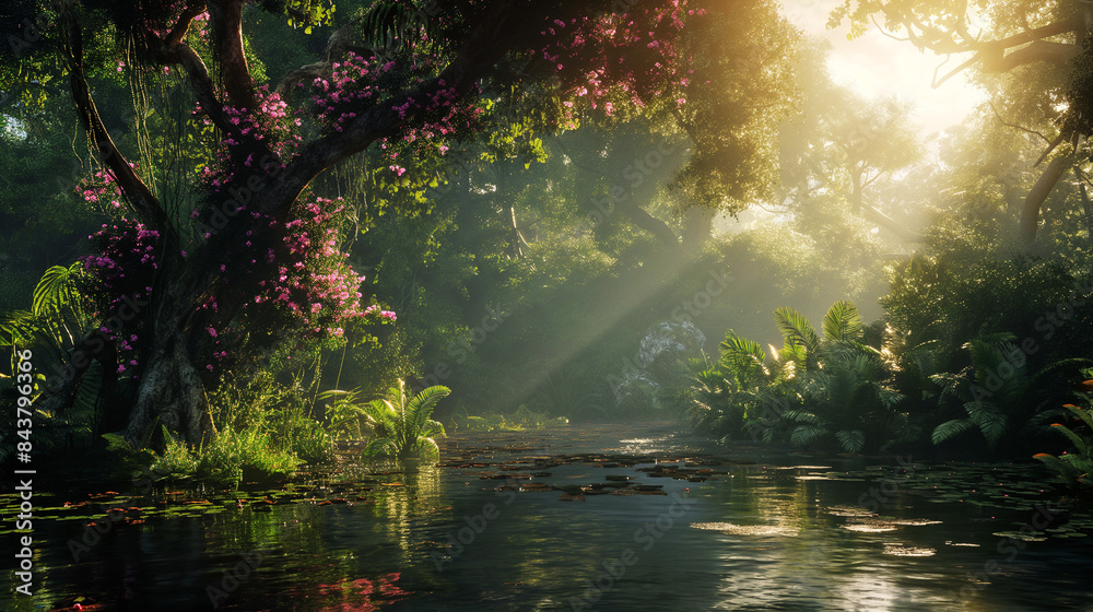Peace Forest, beautiful blooming flowers There is a stream flowing through it, mysteriously calm, various forest trees. Peace Forest, beautiful blooming flowers There is a stream flowing through it, mysteriously calm, various forest trees.