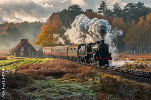 A vintage steam locomotive traveling across a scenic countryside, with billowing smoke and a rustic train station in the distance.. AI generated.